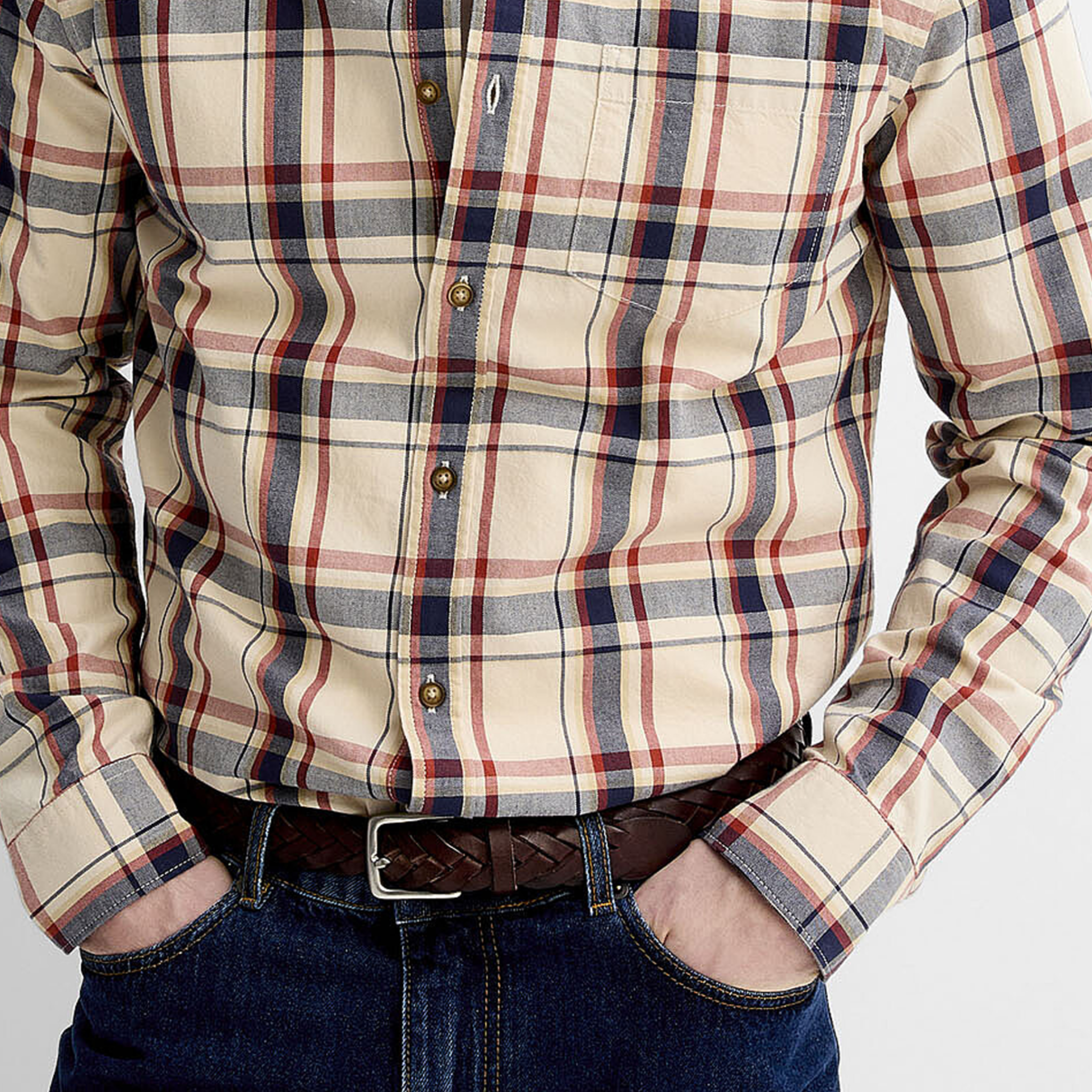 Men's Classic Casual Cotton Blend Check Lapel Long Sleeve Shirt MTA1800G2K