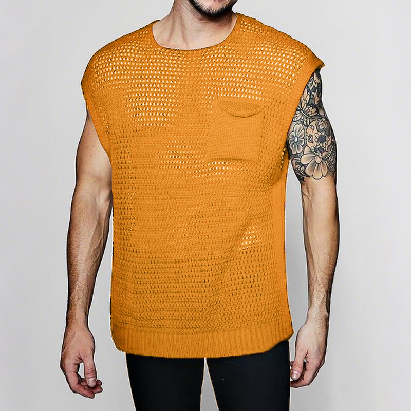 Men's Spring And Summer Fashion Casual Hollow Knitted Round Neck Pocket Tank Top MTA0444G2K