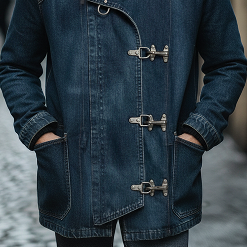 Men's Vintage Washed Single-breasted Lapel Contrast Color Mid-length Denim Coat MTA1456J5X