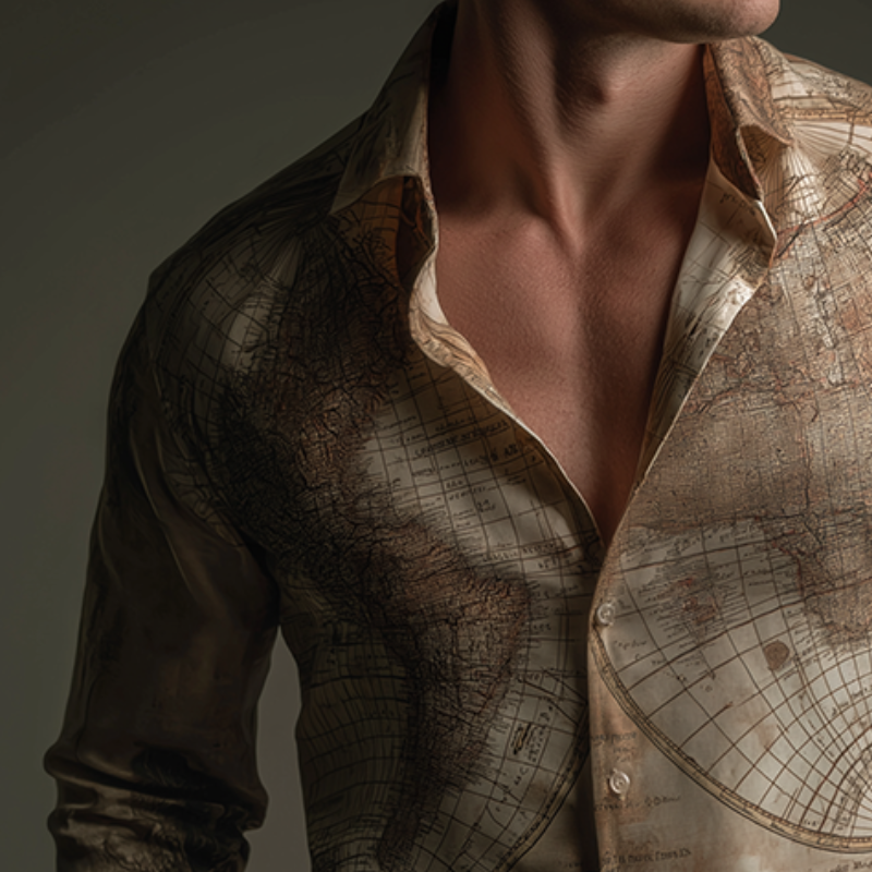 Men's Retro Casual Nautical Map Print Lapel Long Sleeve Shirt MTA3158G8TO