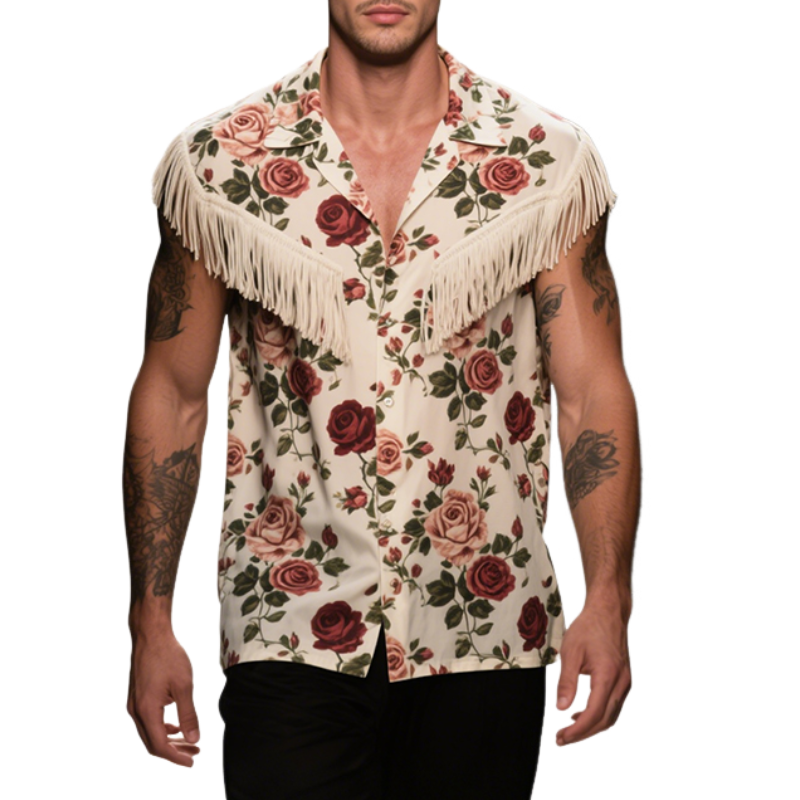 Men's Retro Casual Rose Knight Print Tassel Lapel Sleeveless Shirt MTA2955E4TO