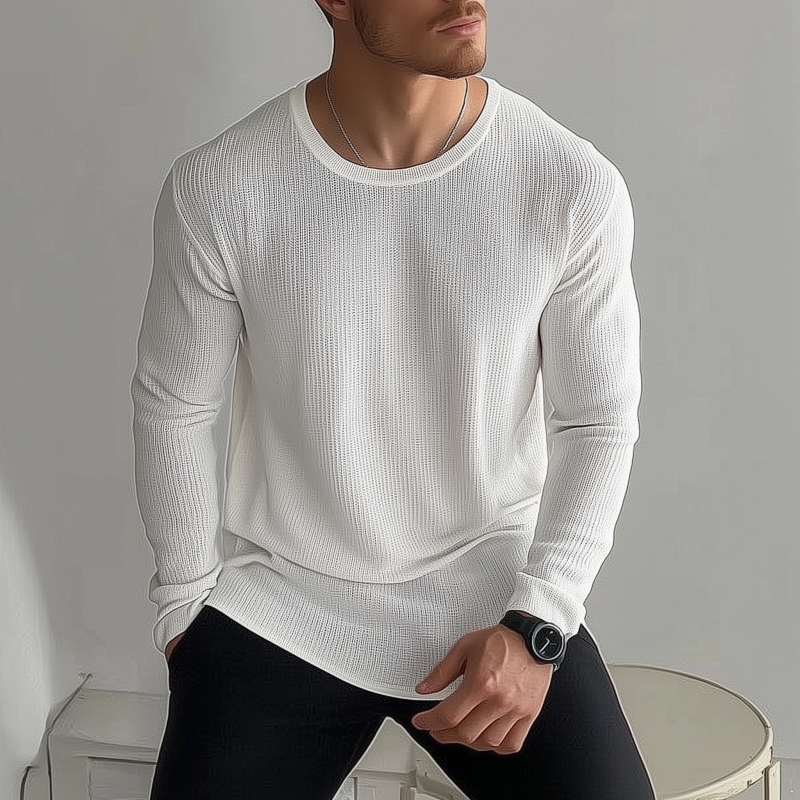 Men's Casual Solid Color Breathable Knitted Round Neck Loose Long Sleeve Sweater T-shirt MTA2184G6M