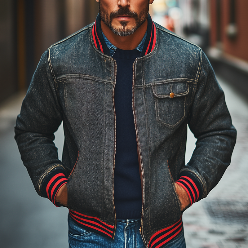 Men's Retro Baseball Collar Washed Denim Zip-Up Jacket MTA2870J1X
