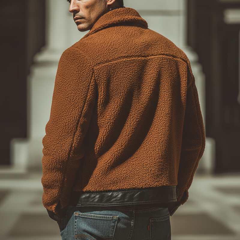 Men's Urban Style Orange Lambskin And PU Leather Patchwork Jacket MTA2049K5U