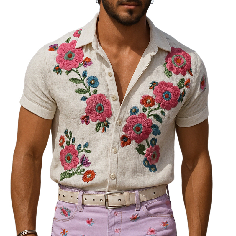 Men's Retro Casual Linen Embroidered Floral Lapel Short Sleeve Shirt MTA2070E8TO