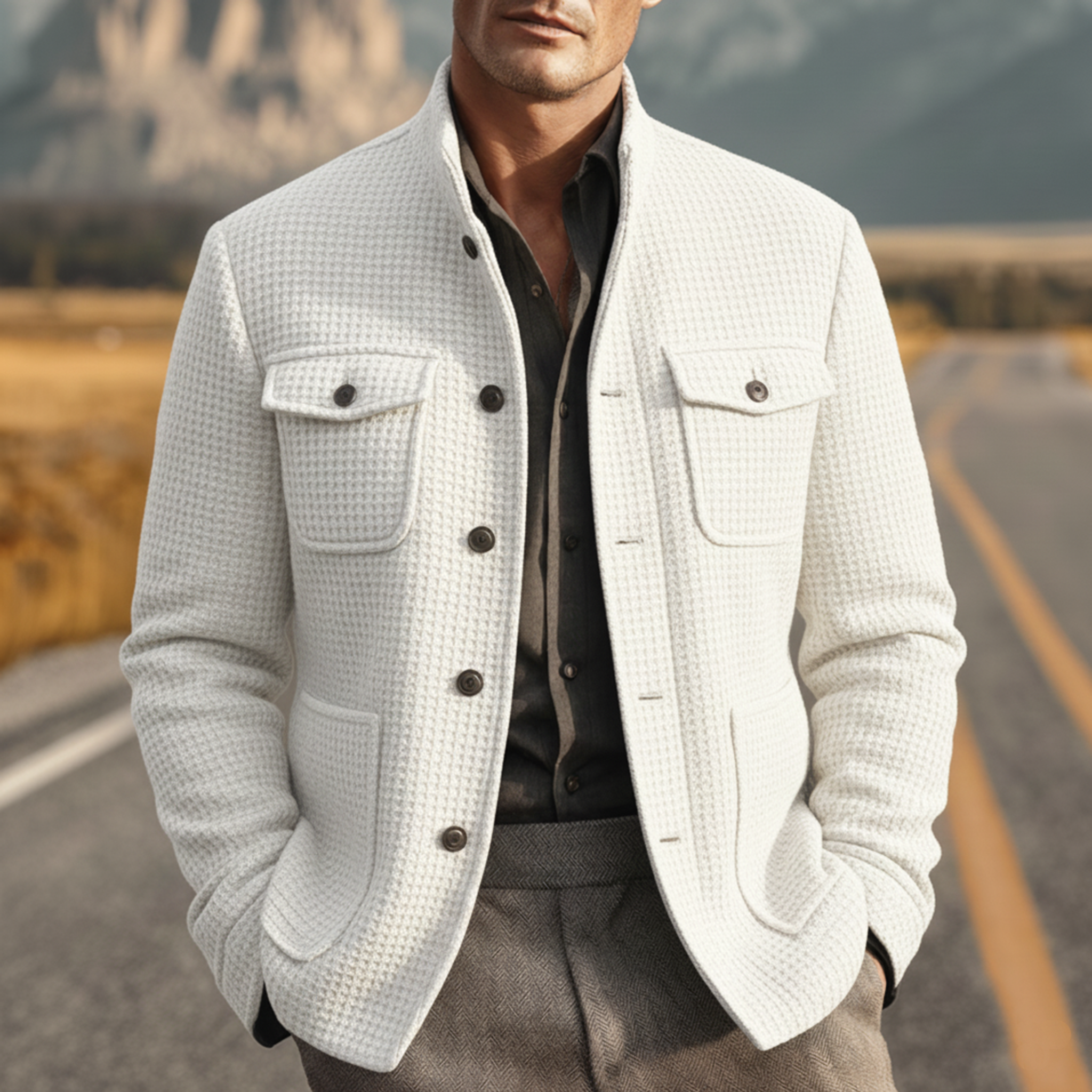Men's Classic Retro Stand Collar Multi-pocket Waffle Jacket MTA2500J8K
