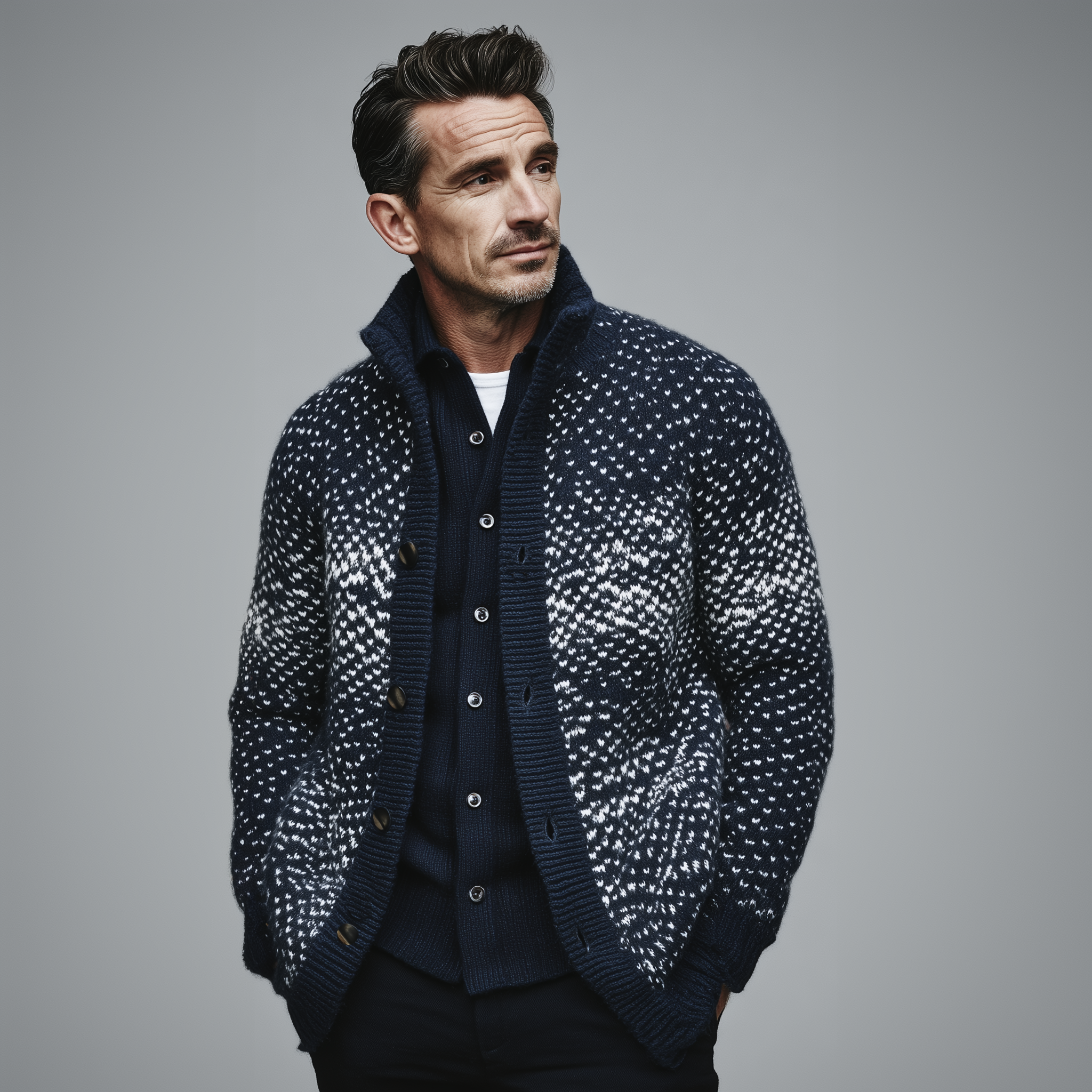 Men's Classic American Retro Single-breasted Stand-up Collar Jacquard Knit Cardigan MTA0450I9K