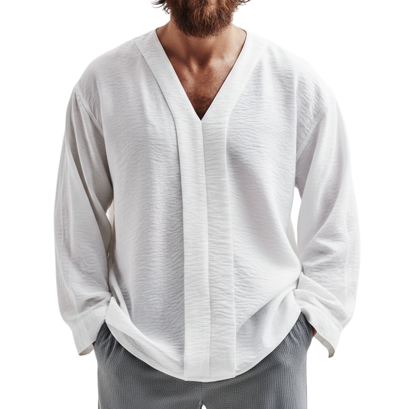 Men's Fashion Slightly Sheer Textured V-Neck Casual Long-Sleeve T-Shirt MTZ1159B7U