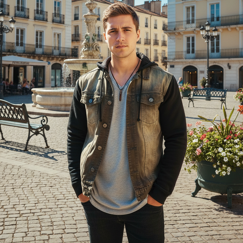 Men's Vintage Washed Denim Patchwork Hooded Jacket MTA1784I2U