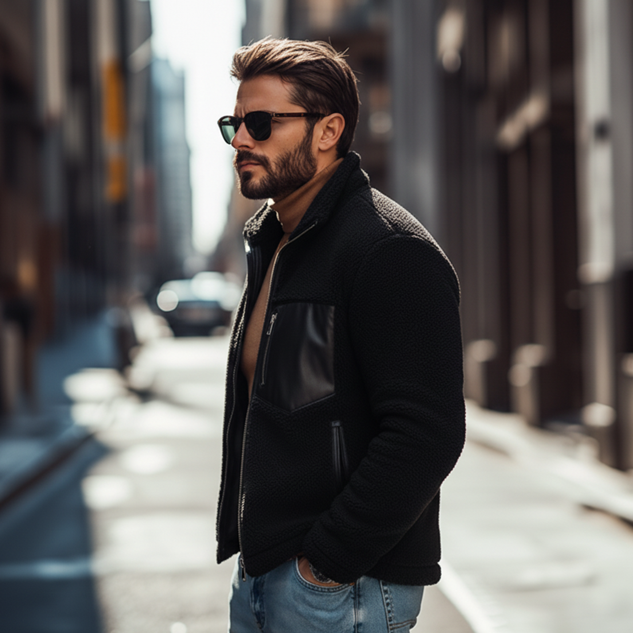 Men's Classic Fashion Stand Collar PU Leather Pocket Zipper Fleece Jacket MTA0106K1K