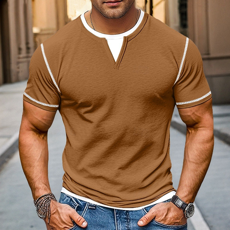 Men's Contrast Color V-Neck Cotton Blend Short Sleeve T-Shirt MTA1932G9X