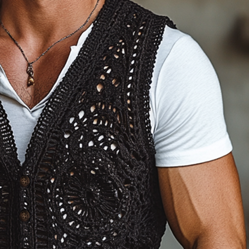 Men's Western Style Black Crochet Single Breasted Vest MTA1355F6Y