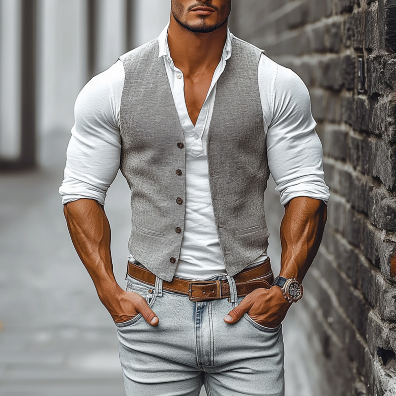 Men's Casual Breathable Linen V-Neck Single-Breasted Slim Fit Suit Vest MTA0981E7M