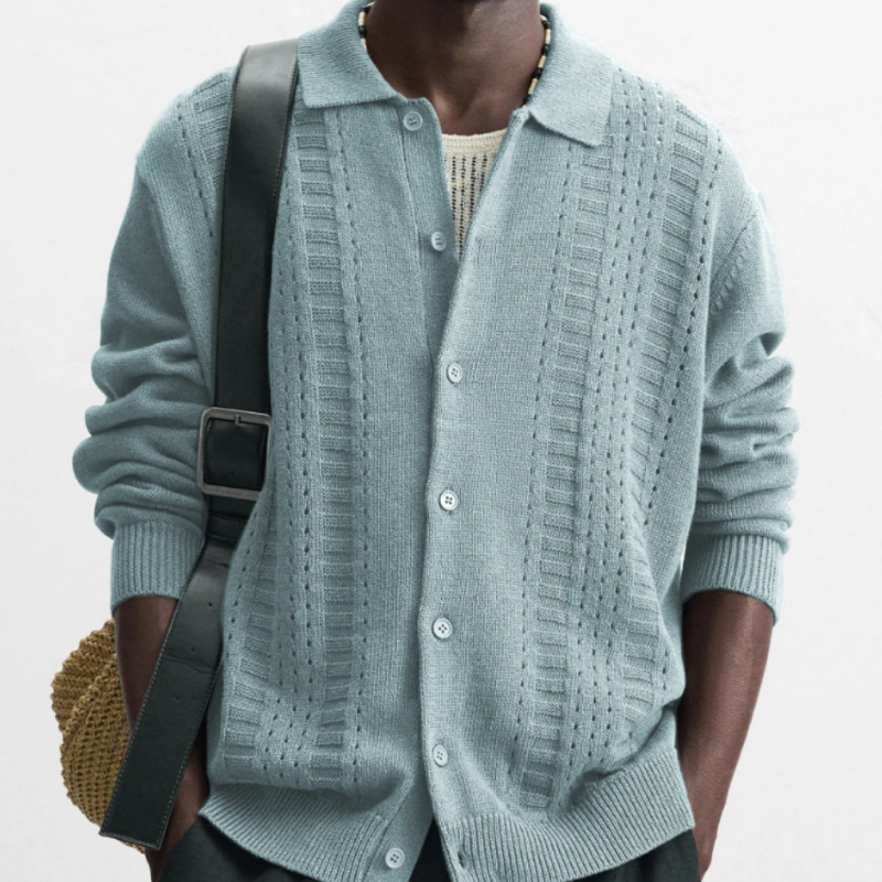 Men's Casual Solid Color Breathable Lapel Single-breasted Knitted Loose Cardigan MTA0634H0M