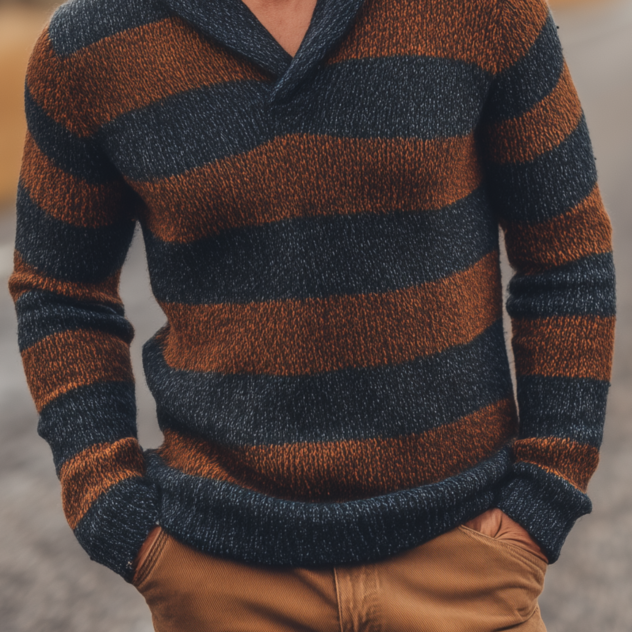 Men's Classic Casual V-neck Contrast Striped Slim-fit Sweater MTA3077H8K