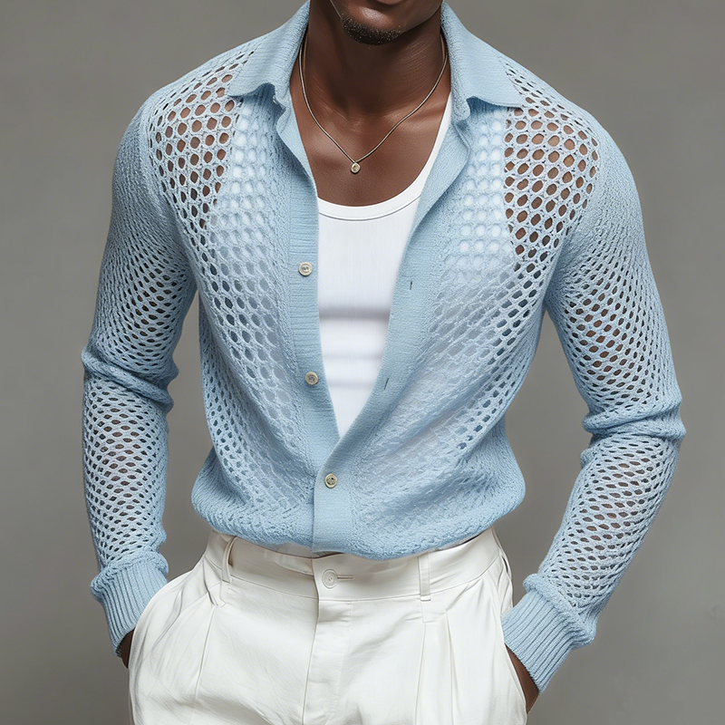 Men's Retro Casual Knitted Hollow-Out Shirt With Turn-Down Collar Cardigan MTZ1449A2TO
