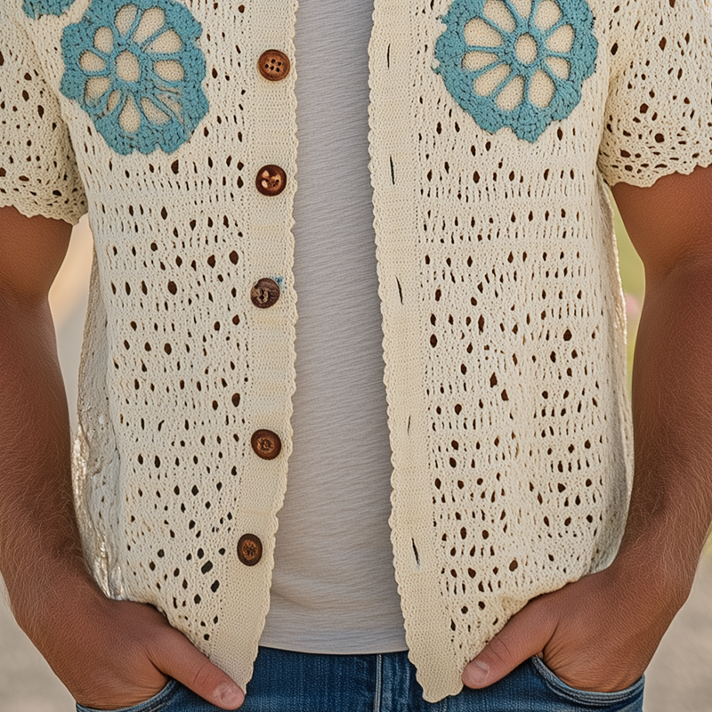 Men's Summer Fashion Casual Hollow Crochet Flower Knitted Short Sleeve Shirt MTA2768F3K