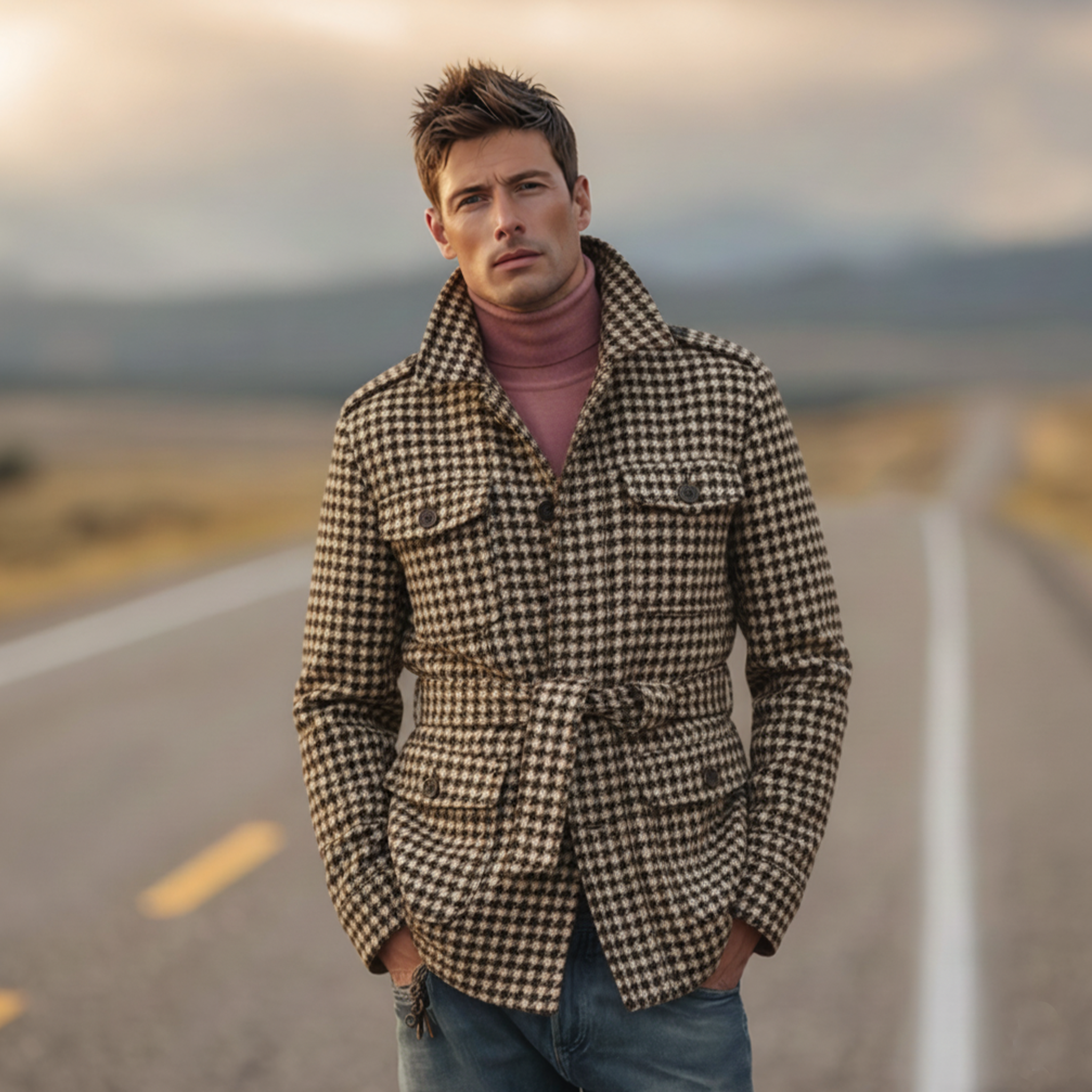 Men's Classic Retro Stand-up Collar Multi-pocket Faux Houndstooth Wool Jacket (including Belt) MTA0643K4K