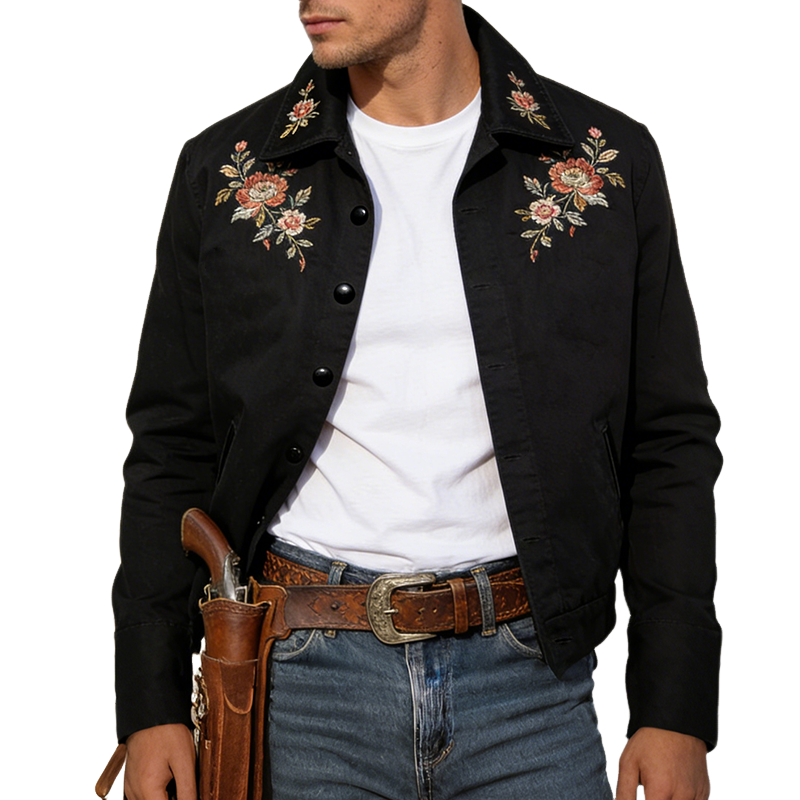 Men's Retro Casual Cotton Floral Embroidered Lapel Button Jacket MTA1192L7TO