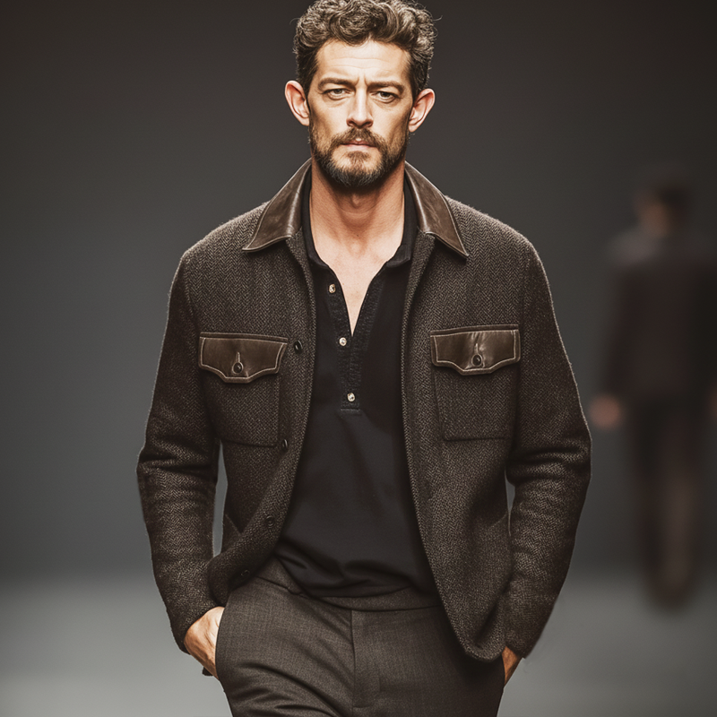 Men's Classic Herringbone Faux Wool And PU Leather Jacket MTA2392J5U