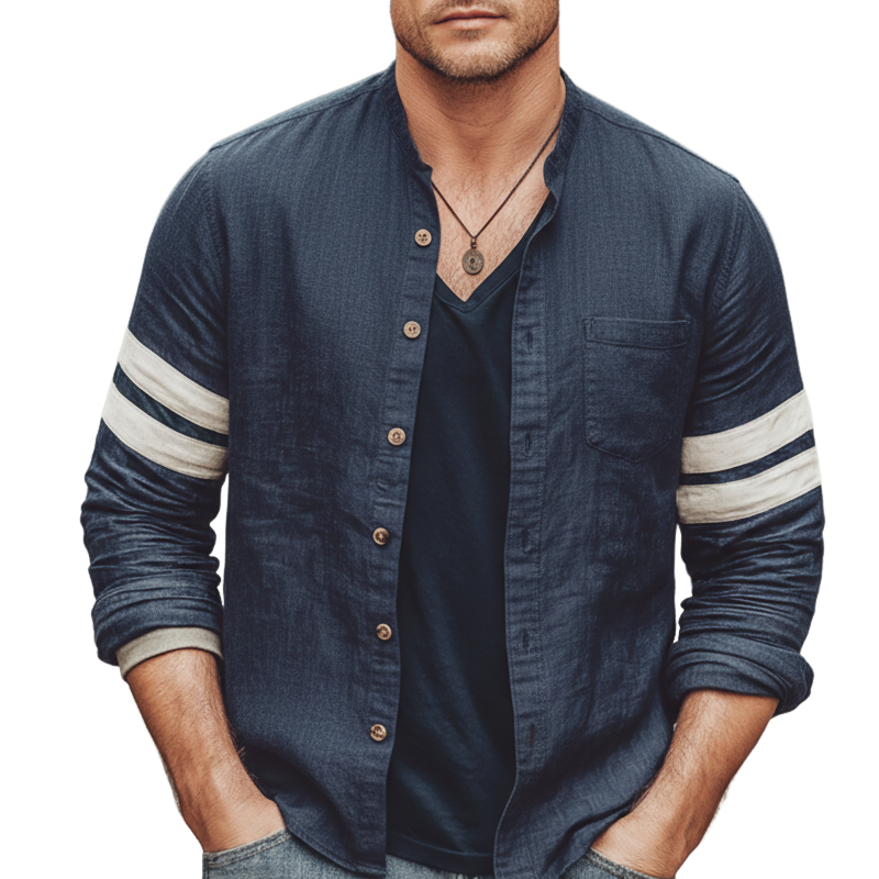 Men's Classic Versatile Color-block Patchwork Long-sleeved Denim Shirt MTZ1975A9U