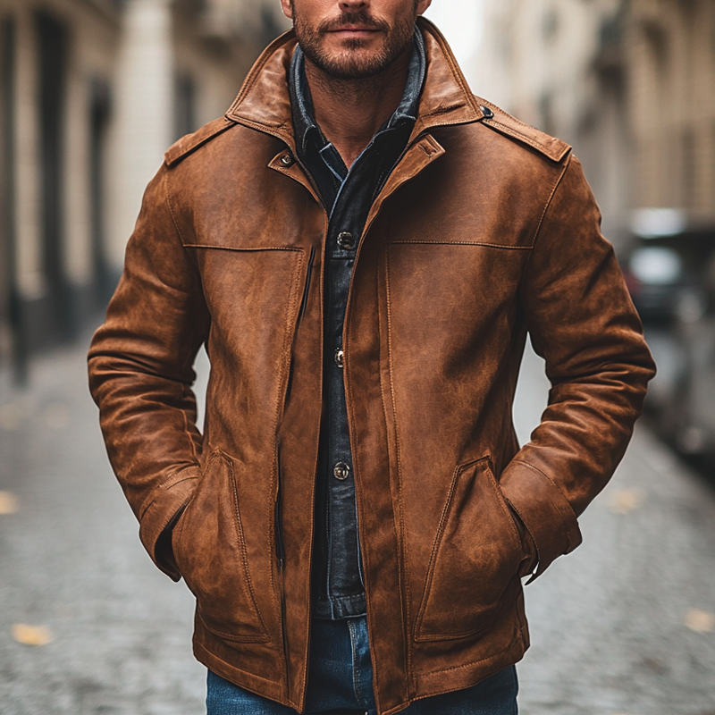 Men's Retro Solid Color Lapel Zipper PU Jacket MTA0535K9X