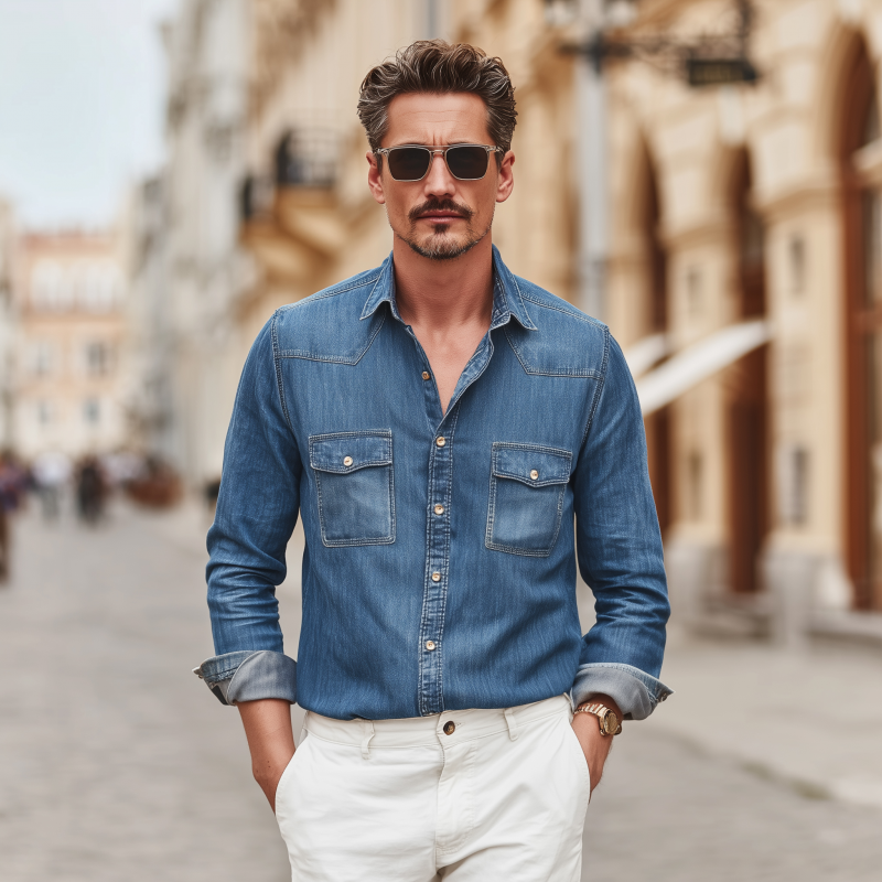 Men's Vintage Denim Washed Distressed Lapel Chest Pocket Slim Fit Western Cowboy Long Sleeve Shirt MTA0785G8M