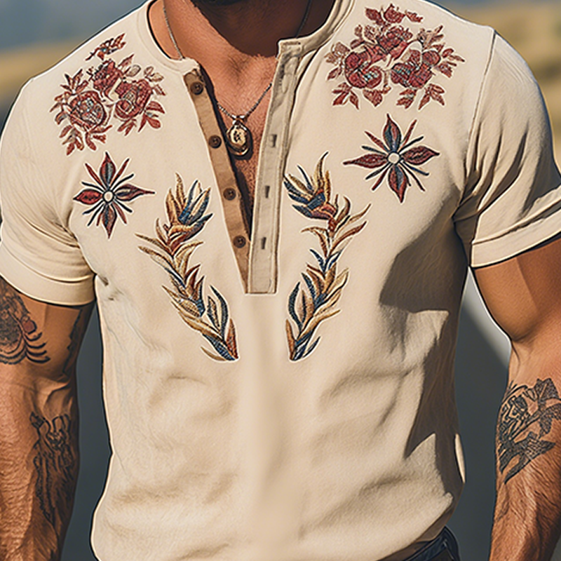 Men's Spring And Summer New American Retro Western Cowboy Thin Suede Embroidered Henry Collar Short-sleeved T-shirt MTA1800F9K