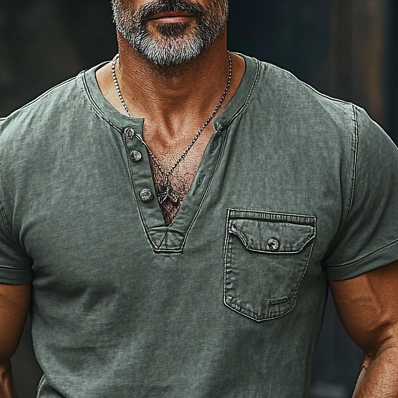 Men's Washed Pocket Solid Color Short Sleeve Denim Henley T-Shirt MTA1074F2X