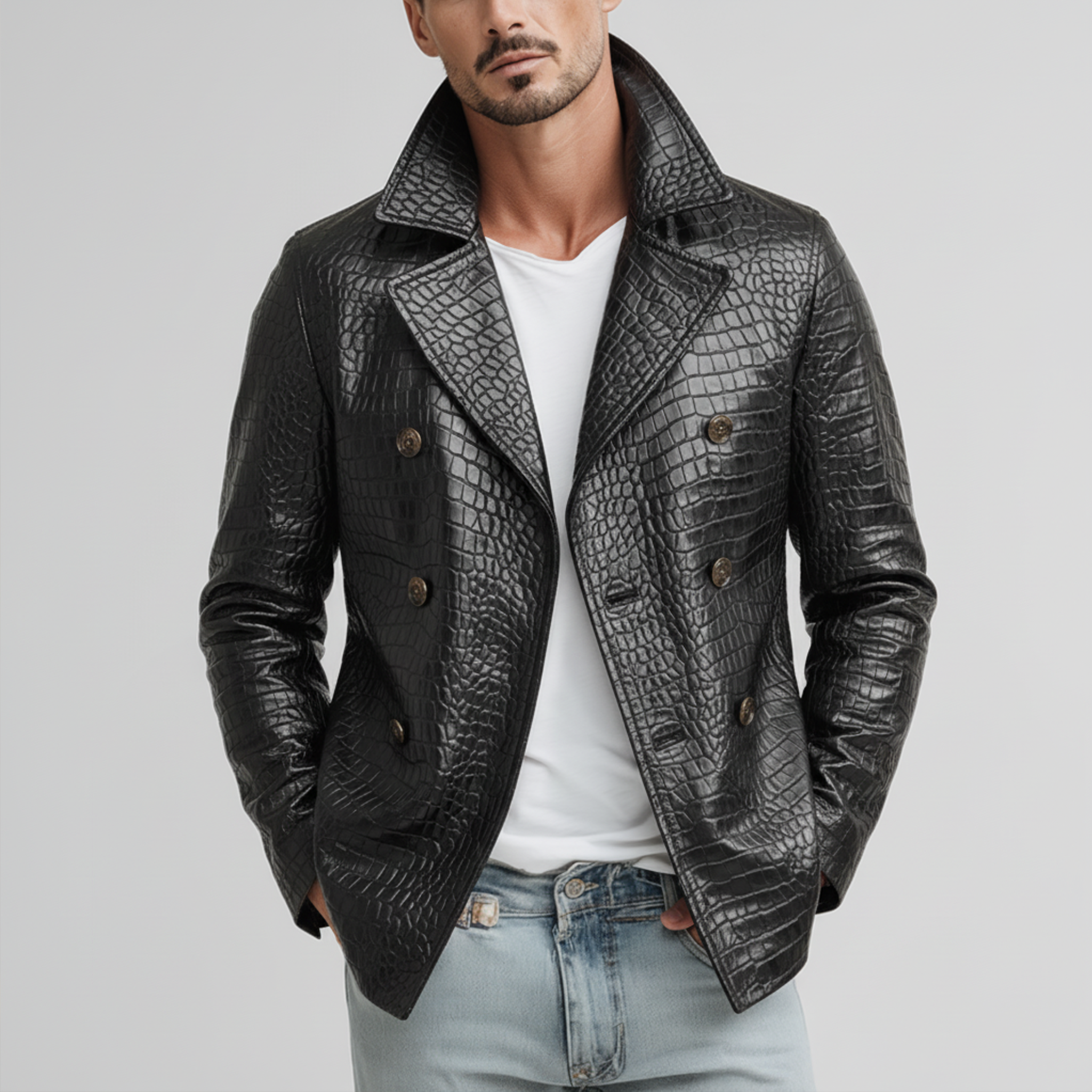 Men's Classic Casual Lapel Double-breasted Crocodile Leather Texture Pu Leather Jacket MTA1545J0K