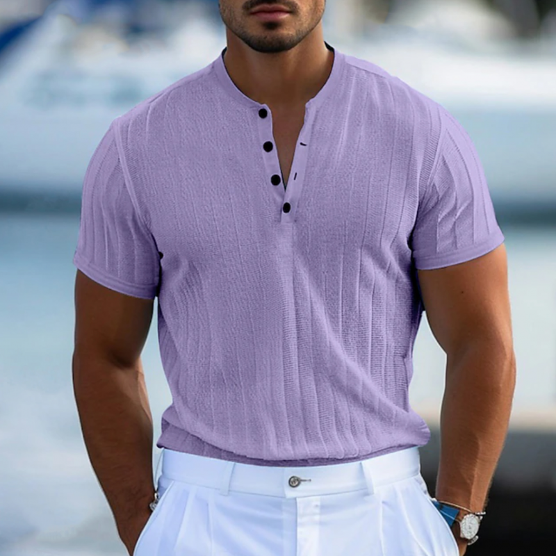 Men's Casual Breathable Solid Color Cotton Blend Henley Collar Slim Fit Short Sleeve T-Shirt MTA3052F3M
