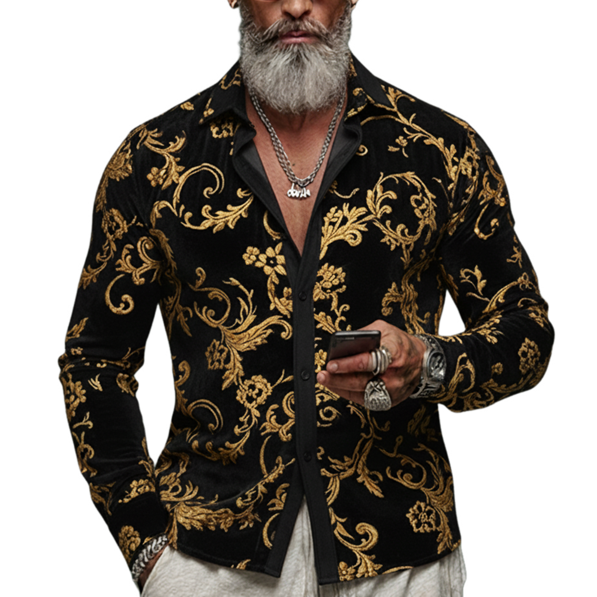 Men's Classic Vintage Faux Velvet Printed Long-sleeved Shirt MTA2042L0K