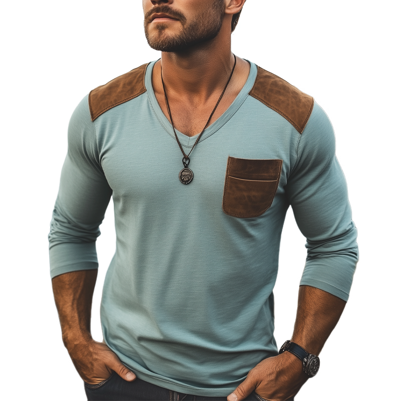 Men's Basic Cotton V-neck Suede Stitching Long Sleeve T-shirt MTA2830G1U