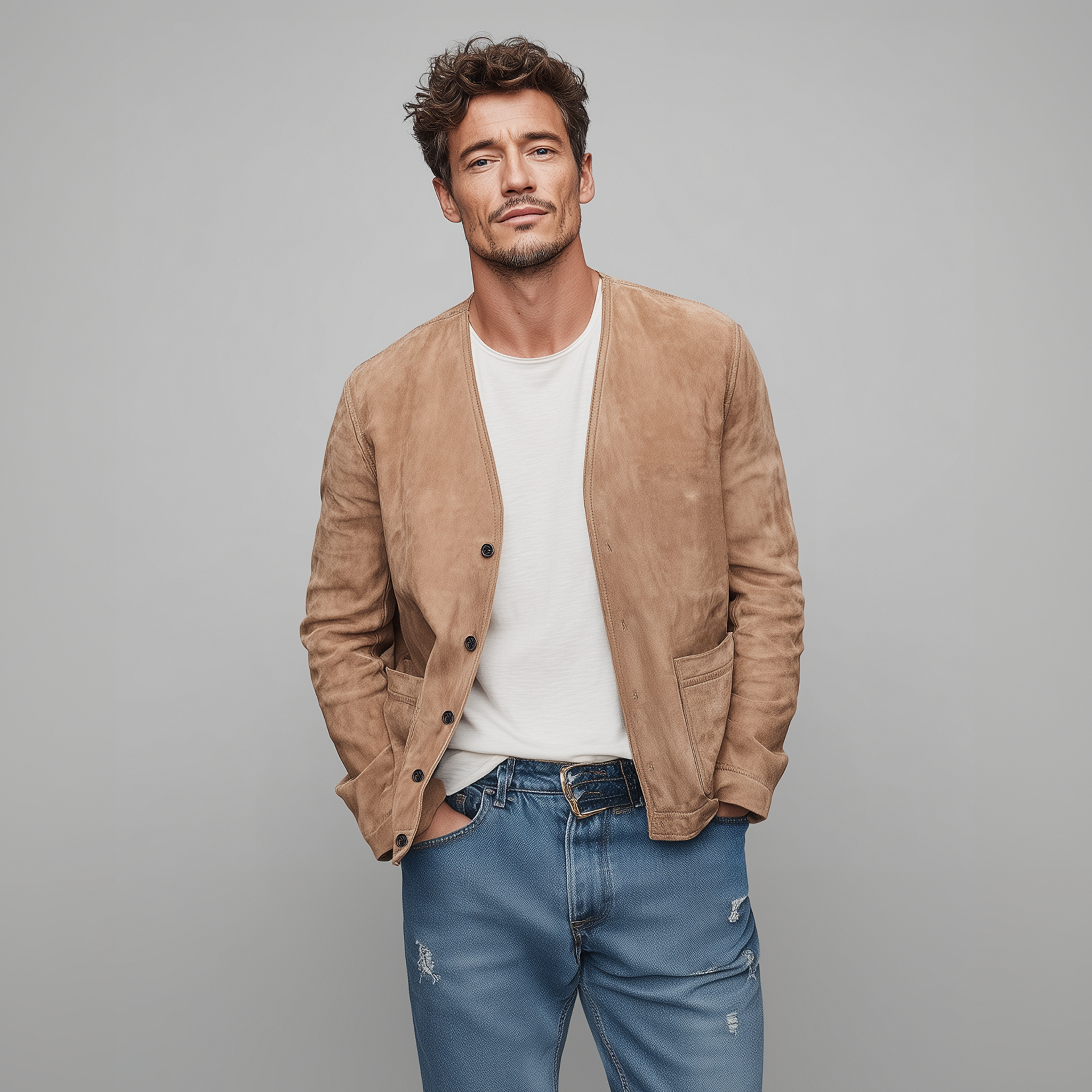 Men's Spring Casual Thin Suede Solid Color Collarless Loose Jacket MTA2275G4K