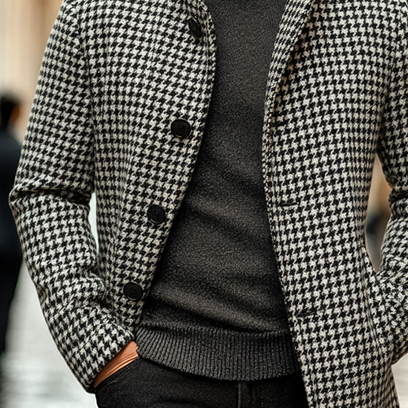 Men's Houndstooth Lapel Button-down Mid-length Coat MTA0101K1X