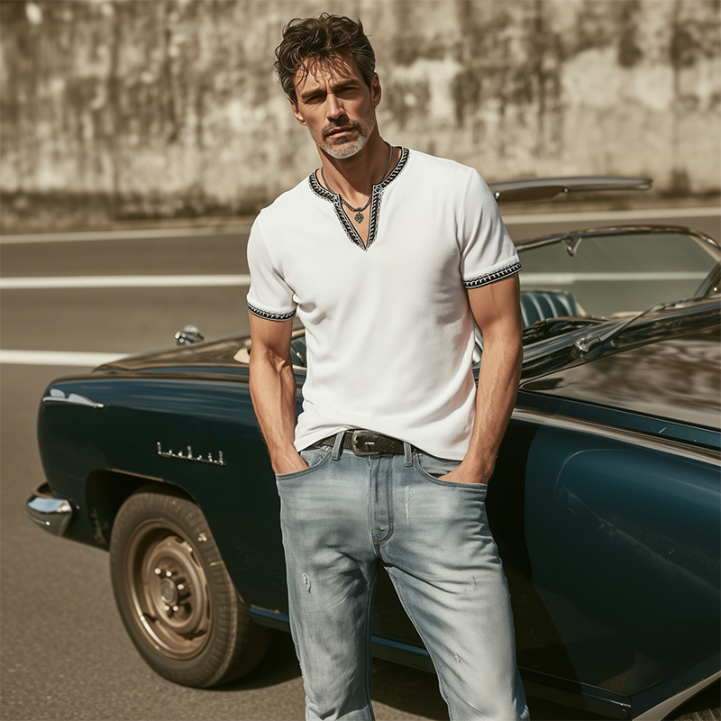 Men's Classic Casual V-neck Slim Fit Waffle Embroidery Short Sleeve T-shirt MTA0371G6K
