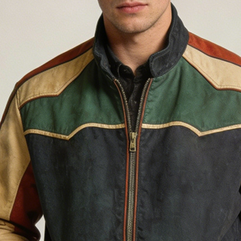 Men's Casual Retro Style Cotton Washed Color Block Stand Collar Zipper Jacket MTA1504L0TO