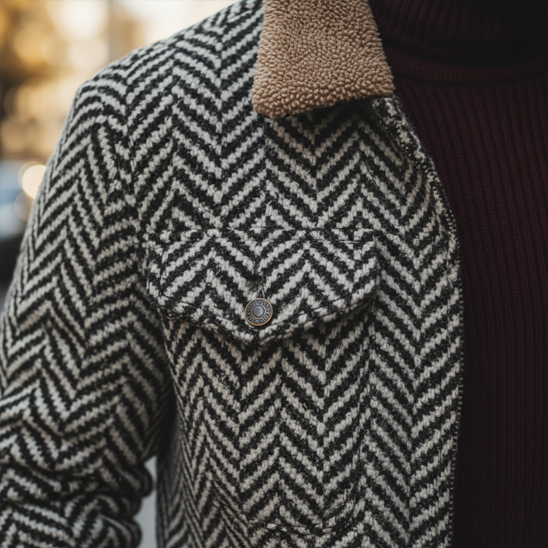 Men's Retro Herringbone Faux Wool Fleece Patchwork Jacket MTA0336K1P