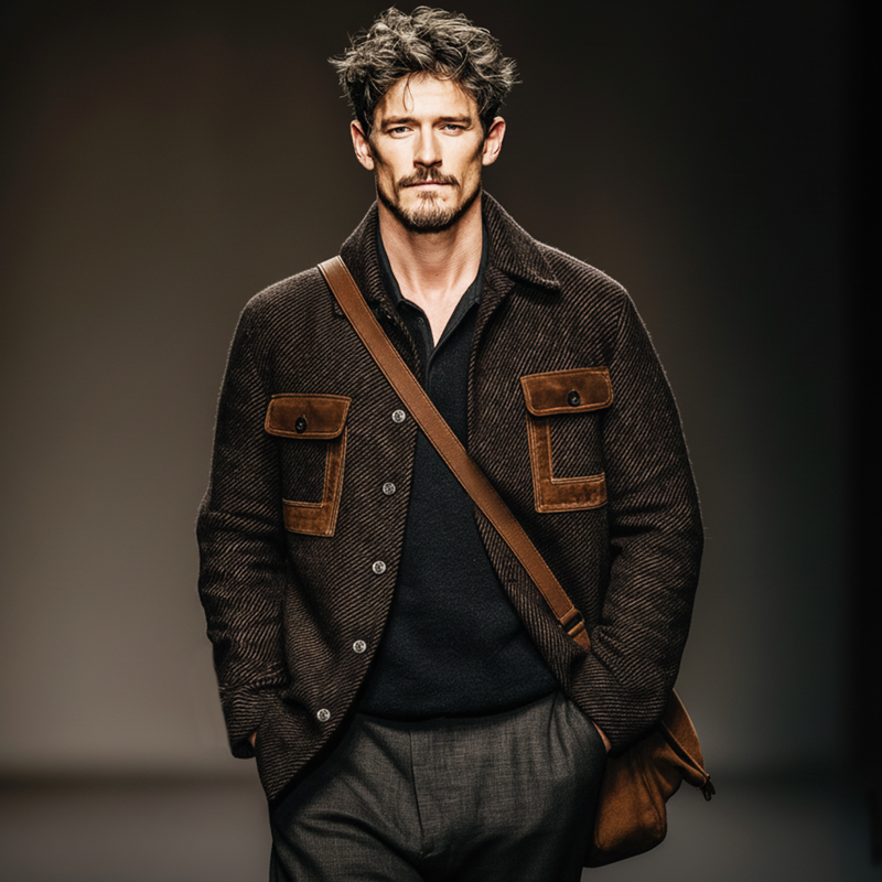 Men's Vintage Twill Faux Wool Patchwork PU Leather Jacket MTA2312J7U