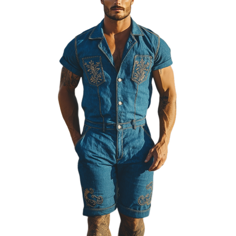 Men's Summer Fashion Retro Western Cowboy Style Pocket Embroidery Jumpsuit MTA1724D1K