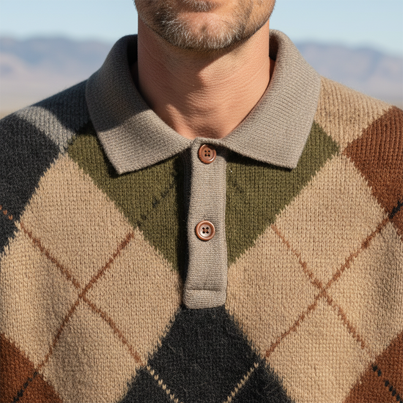 Men's Winter Fashion Diamond Pattern Cotton Yarn Knitted Henley Collar Loose Sweater MTA1054J2P