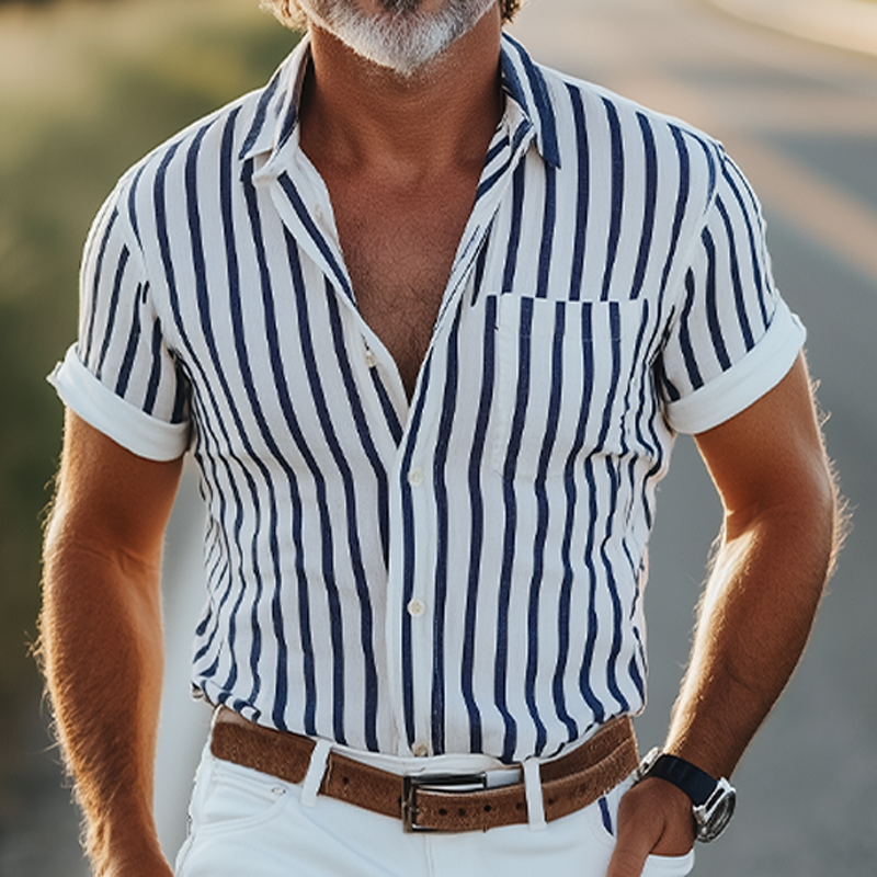 Men's Spring And Summer Fashion Casual Retro Western Style Vertical Striped Cotton Blend Short-sleeved Shirt MTA1457E5K