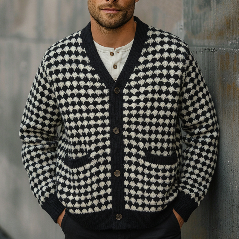 Men's Casual Jacquard Knitted V-neck Cardigan MTA3000I8X