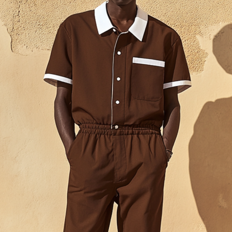 Men's Casual Cotton Blend Colorblock Lapel Patch Pocket Short Sleeve Shirt Pants Slim Jumpsuit MTA2694E2M