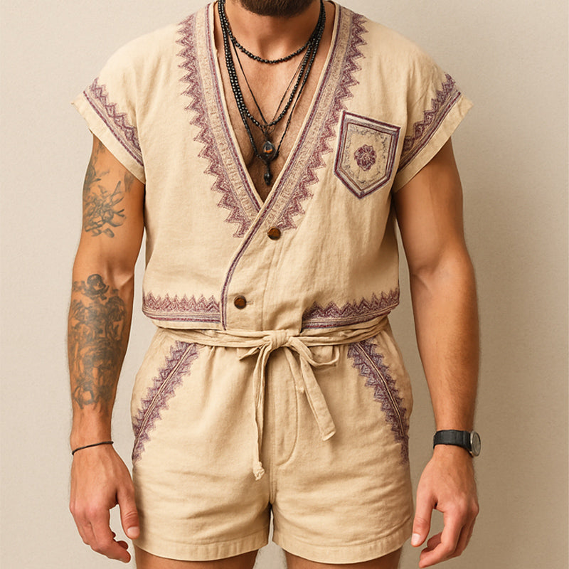 Men's Summer Exquisite Embroidered V-Neck T-Shirt Shorts Set MTA2868E1U