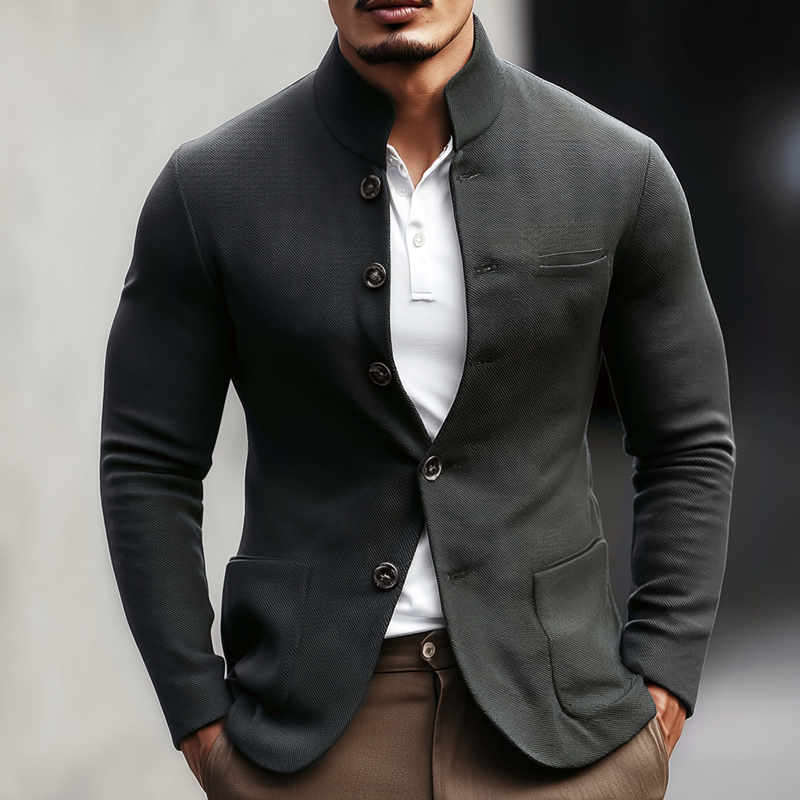 Men's Woven Twill Blend Stand Collar Single-Breasted Casual Jacket MTA2830H1Z