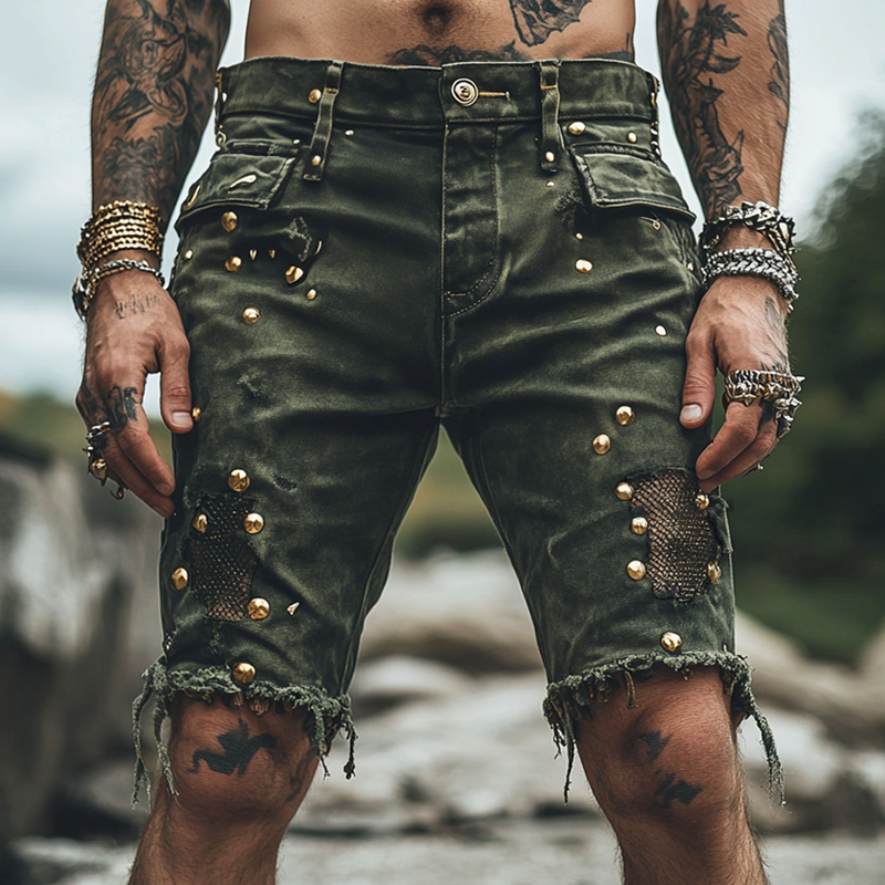Gotisk vintage gullmetallnagledekor for menn, nettinghull, denimshorts MTA1064D3Z