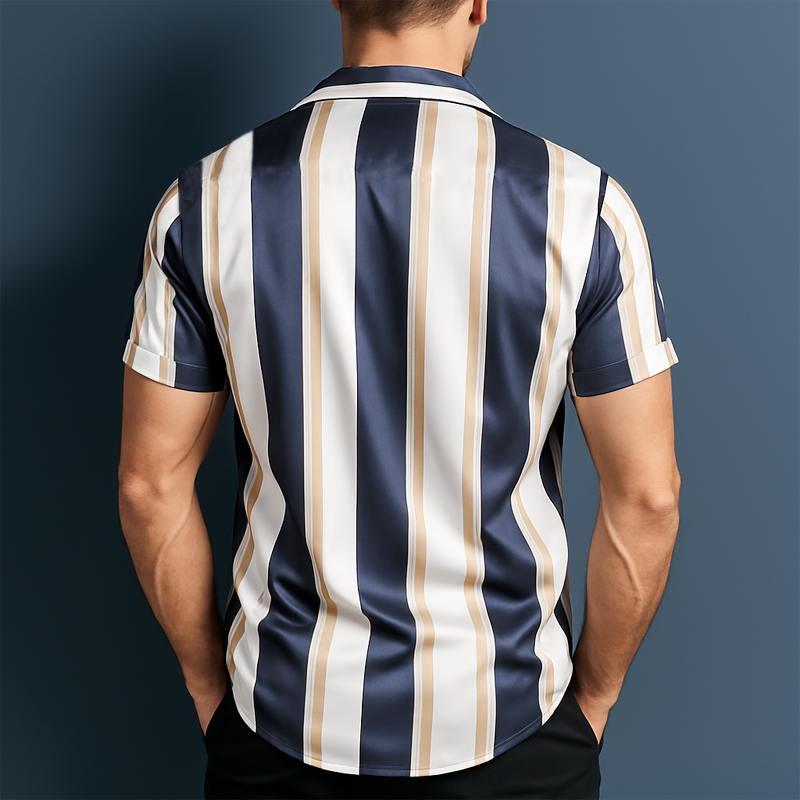 Men's Classic Colorblock Vertical Stripes Satin Short-sleeved Shirt MTA1740G5U