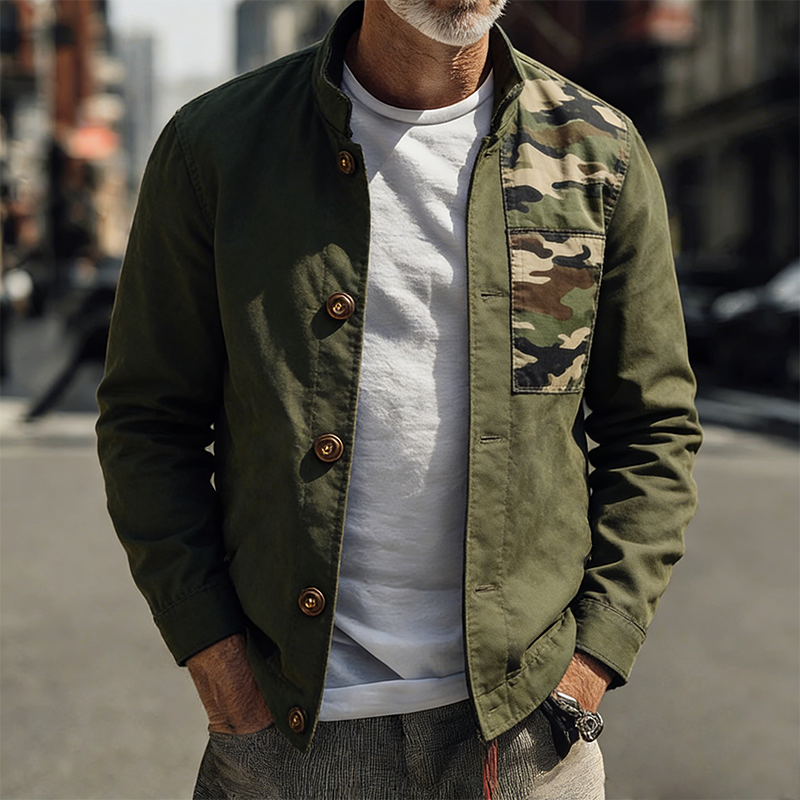 Men's Retro Casual Camouflage Patchwork Stand Collar Button Jacket MTA2206L6TO