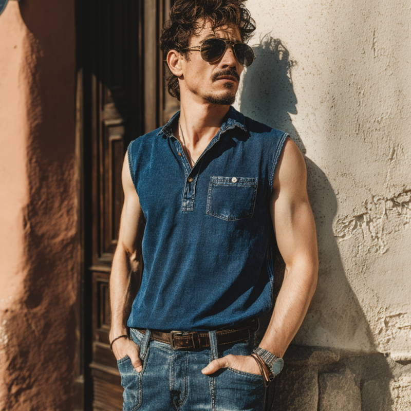 Herre casual denim poloskjorte med ermer, patchlommer og slagknapper, vasket og slitt denim MTA2439F3M